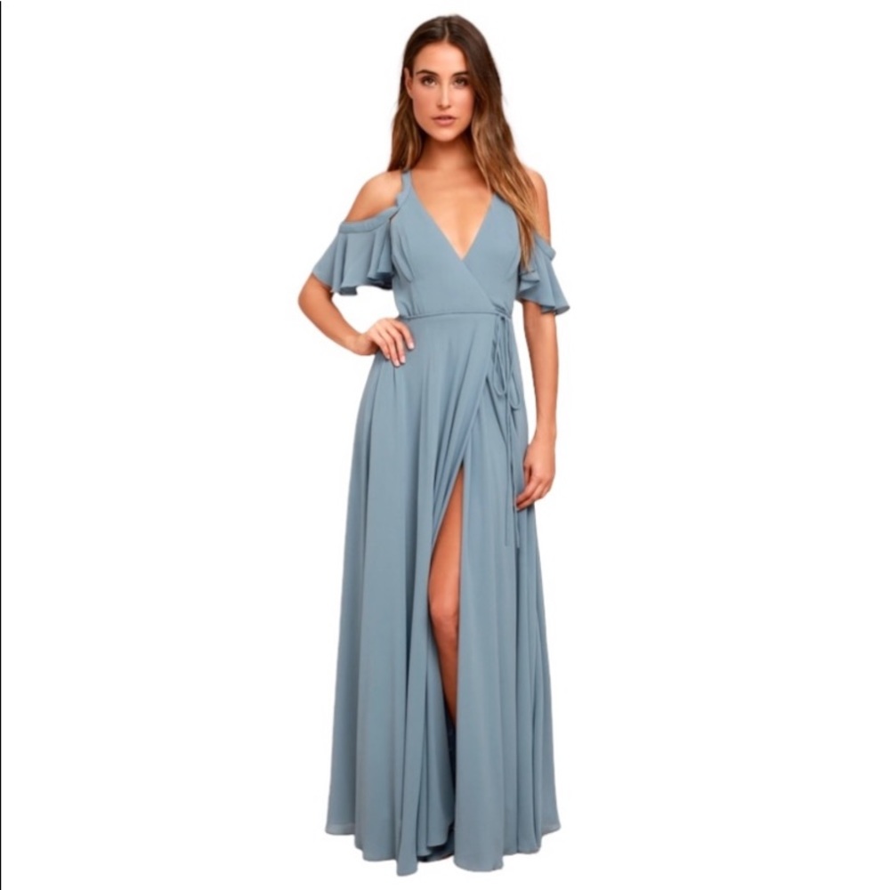 Lulu’s Easy Listening Slate Blue Cold Shoulder Maxi Dress Size Large